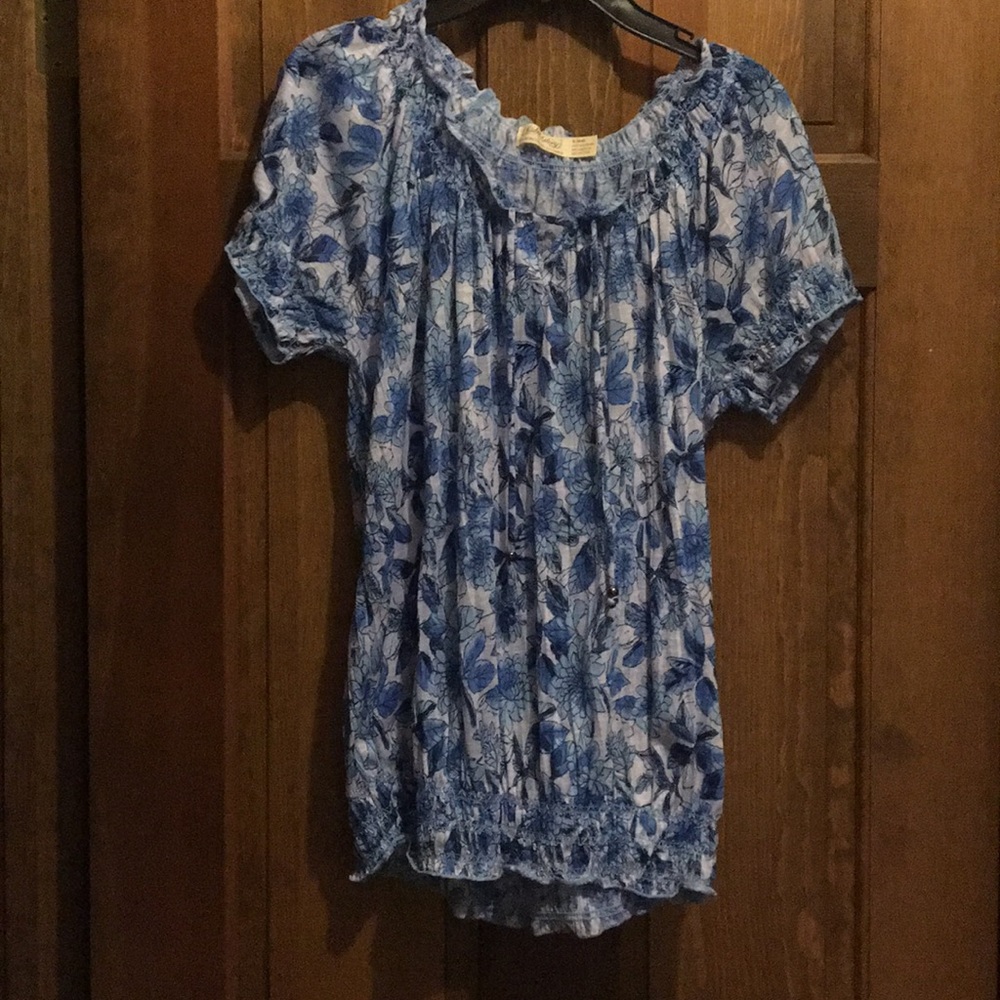 White and blue flowered see thru blouse